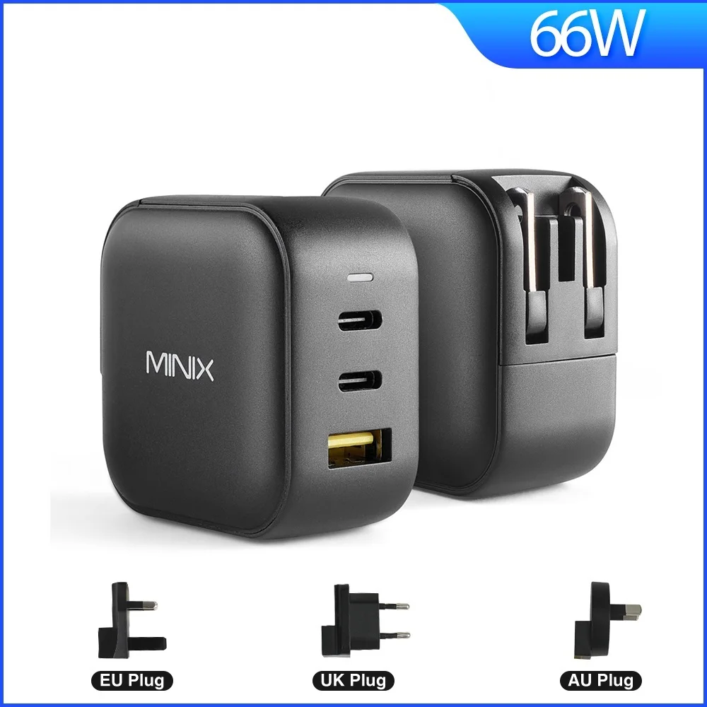 

MINIX NEO P1 66W GaN Charger P1 66W Fast Charger 3 Ports 2xUSB-C 1xUSB-A Quick Charger EU/US/AU/UK Plug Adapter For Iphone Ipad