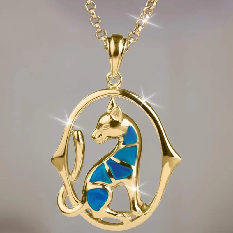 

Exquisite Cat Pendant Necklace Blue Opal Animal Necklace Women Banquet Jewelry Holiday Anniversary Gift