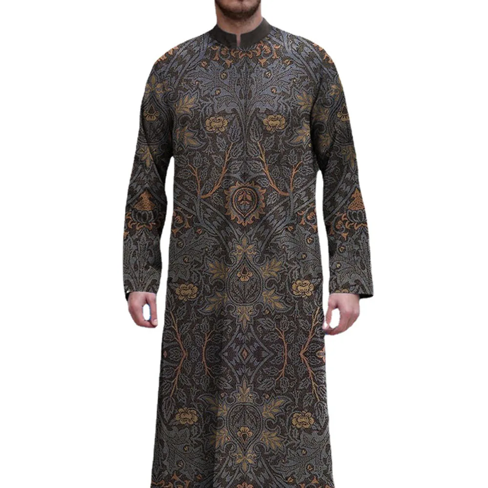 Ramadan Eid Men Loose Casual Stand Collar Print Pattern African Robe Shirt Men's Thobe Robe Muslim Pakistan Abaya Man Clothing