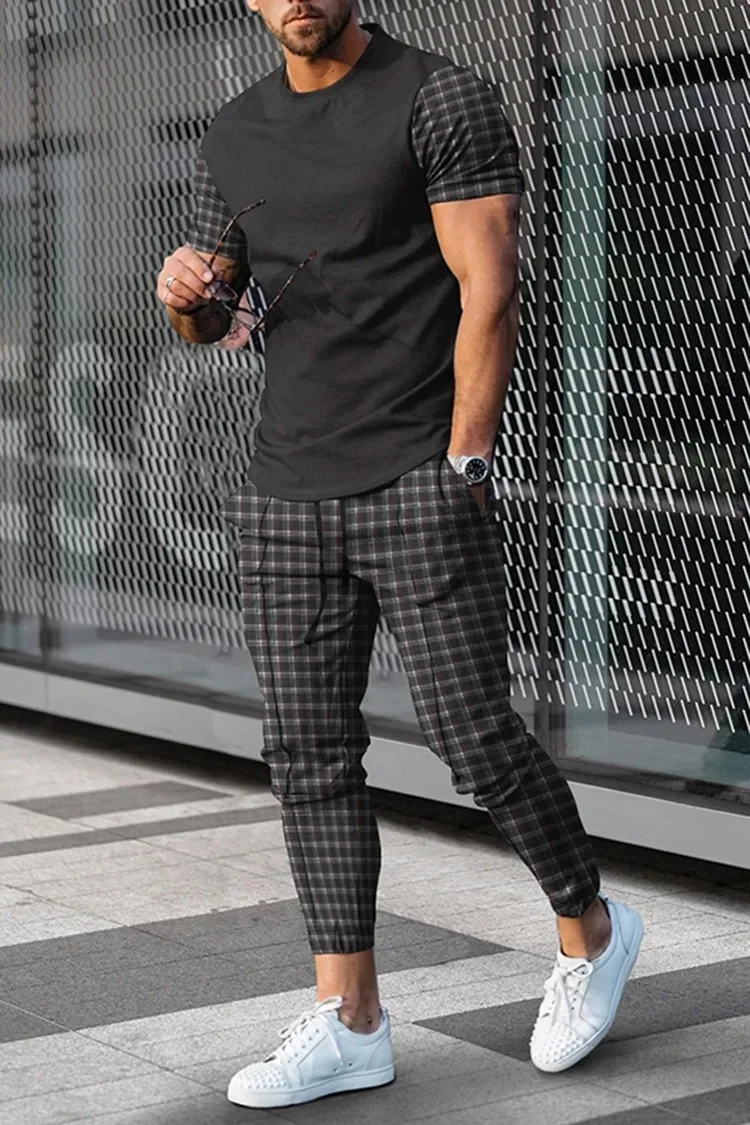 2023 Summer Men's New Extra Large 3D Striped Checkered T-shirt+Pants Two Piece Fashion Casual Street Sportswear Europe