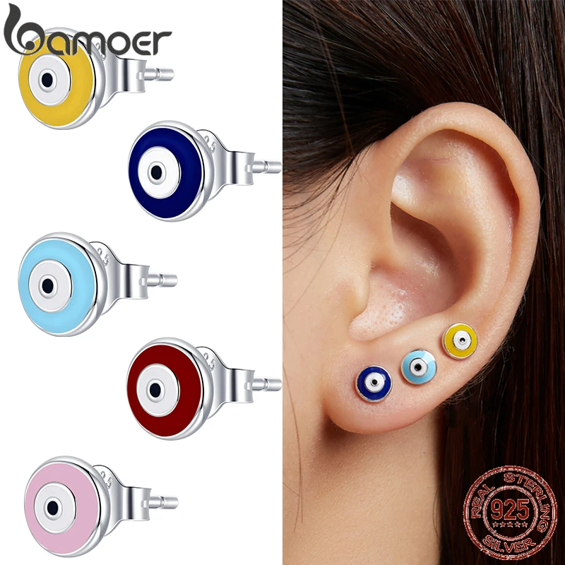 BAMOER 1Piece Guardian Eye 925 Sterling Silver Colors Blue Yellow Enamel Round Stud Earrings for Women Fashion Jewelry SCE1207