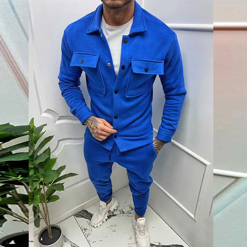 

Autumn and Winter New Men's Casual Set Outdoor Multi Pocket Solid Color Thickened Fashion Coat Top Pants Two Piece Set