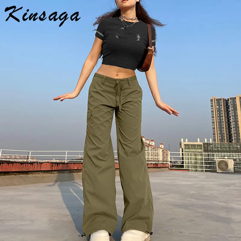 

Y2k Grunge Lace Up Low Rise Cargo Jeans Women Streetwear Boyfriend Pockets Patchwork Baggy Wide Leg Pants Korean Fashion Green