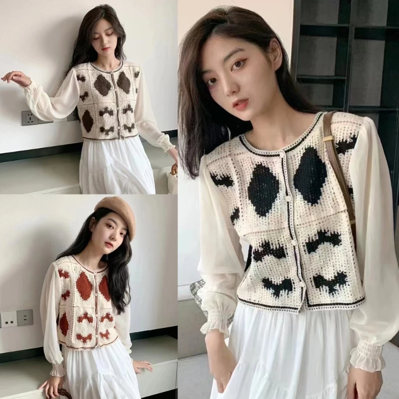 

Women's Crochet Cardigans Long Sleeve Knitted Sweaters Blouse Tops