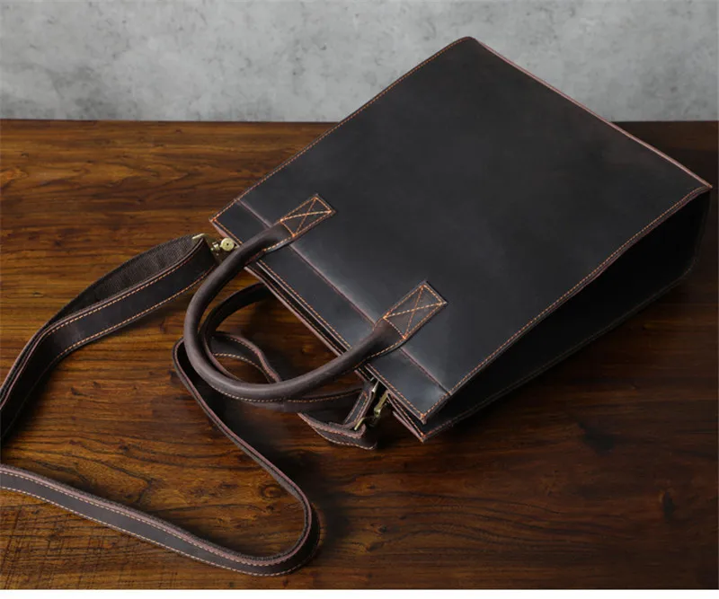 Vintage crazy horse cowhide men's briefcase business simple natural organizer genuine leather office A4 file bag handbag satchel