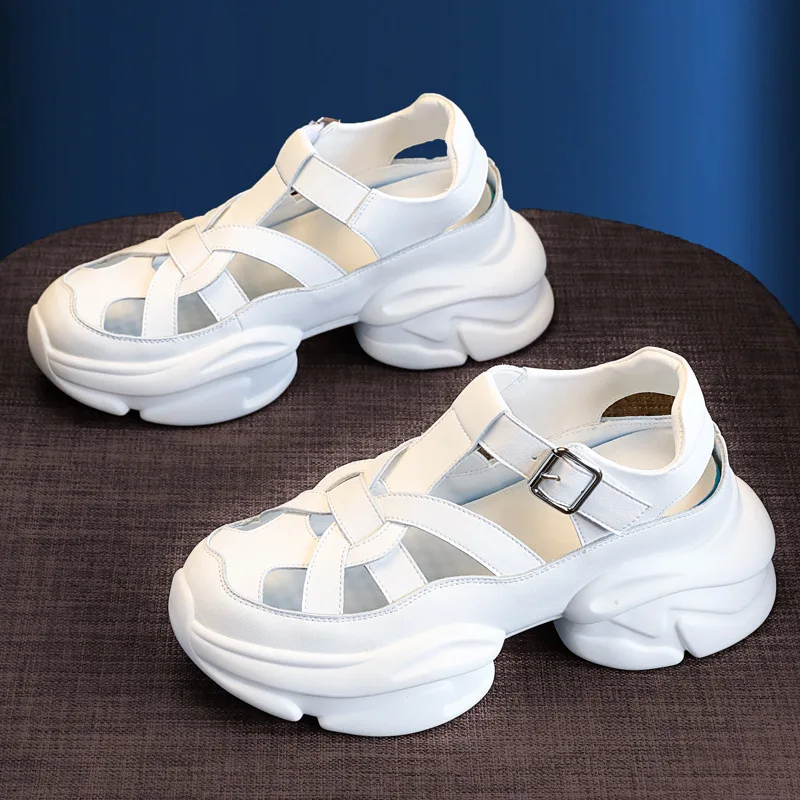 CICIYANG Summer Women Sandals Genuine Leather 2023 Platform Mujer Comfy Fashion Ladies Buckle Chunky Heel Openwork Weaving Shoes