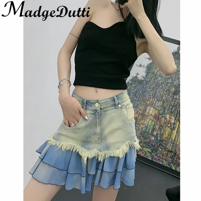 

3.15 MadgeDutti Fashion Vintage Frayed Washed Distressed Spliced Mesh Ruffle Denim Skirt Women