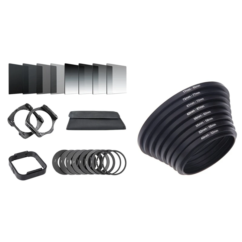 

1 комплект градиентных нейтральных фильтров с блендой и держателем фильтра и 1 набор удлинительных колец-адаптеров