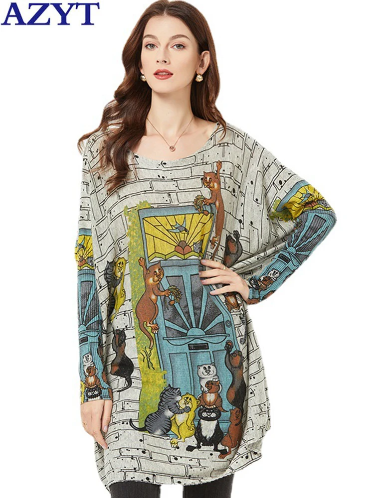 

AZYT Cartoon Print Women Sweater Pullovers Mid Long Oversized Sweater Knit Jumpers Female 2022 Loose O Neck Soft Knitwear Tops