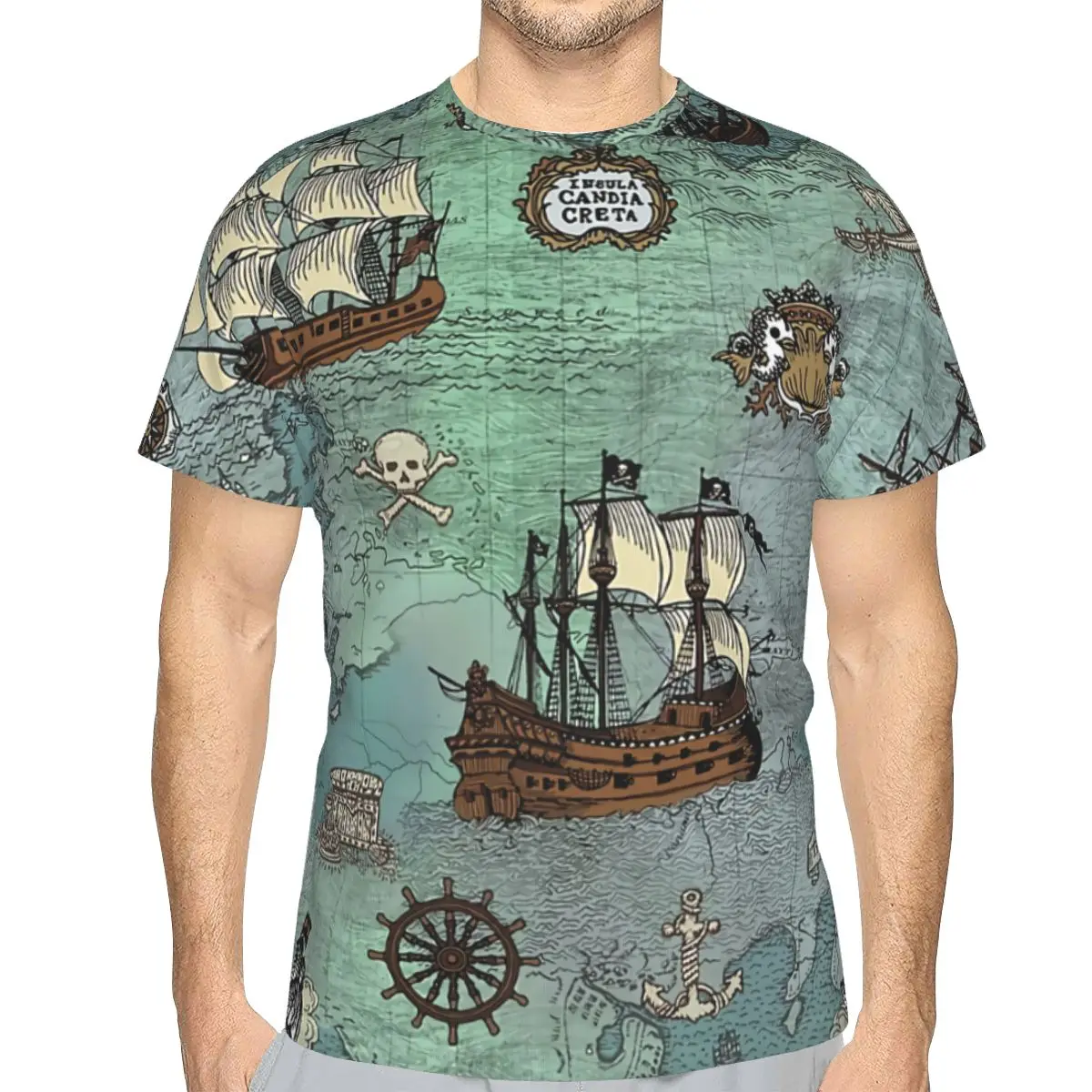 

Polyester TShirts Pirate Map Nautical Sea Print Ocean Blue And Sea Glass Green Print Homme Thin T Shirt New Trend Tops