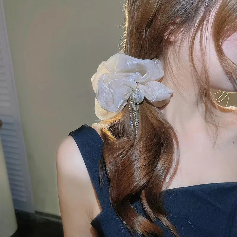 

new heavy industry large intestine hair ring Korean version rhinestone pearl tassel streamer fat intestine ring hair accessories