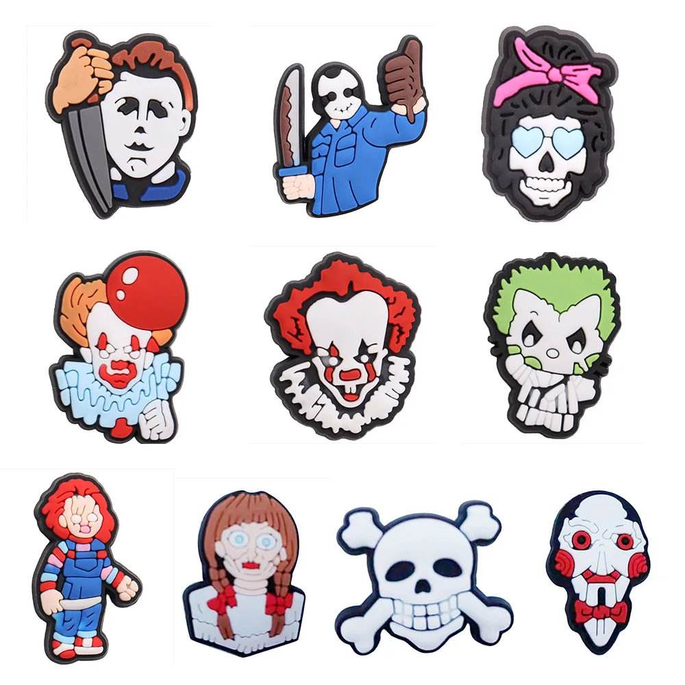 

Good Quality 1pcs PVC Shoe Charms Horror Mask Clown Murder Demon Monster Accessories Shoe Ornament Fit Croc Jibz DIY Party Gift