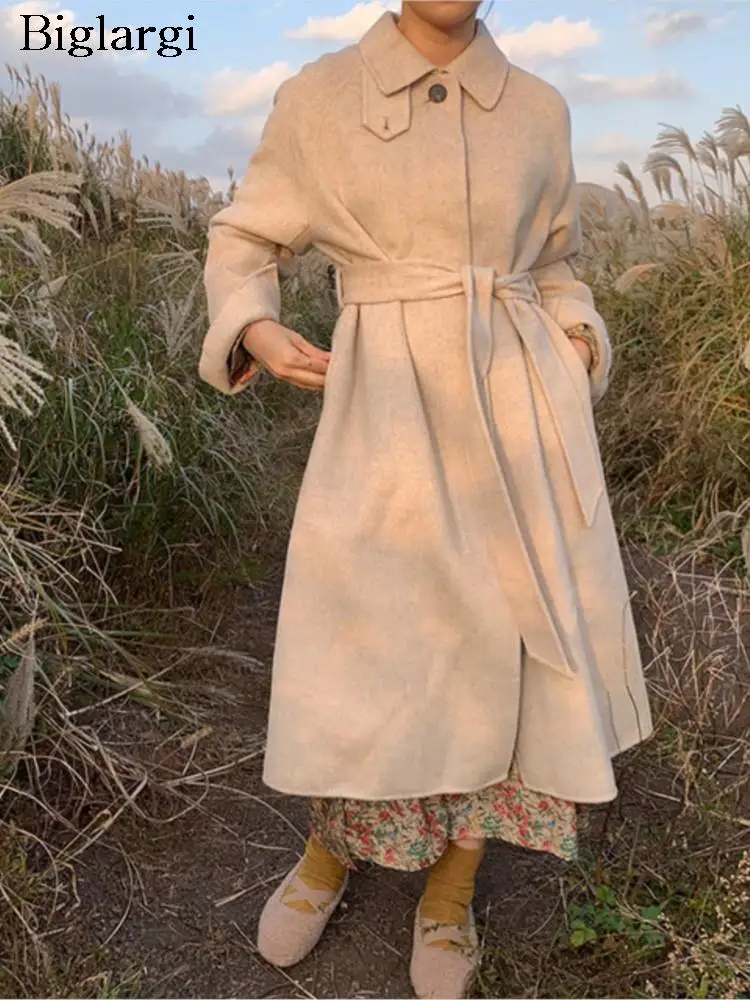 

Autumn Winter Woolen Long Coat Women Korea Style Loose Fashion Split Pleated Ladies Jackets Long Sleeve Woman Jackets Coats 2023