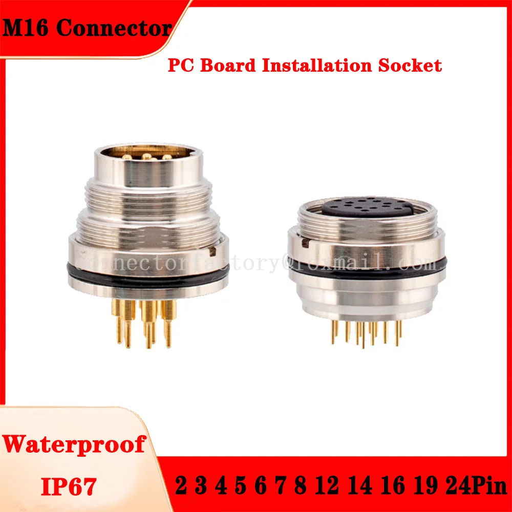 

M16 PC Board Installation Socket 2 3 4 5 6 7 8 12 14 16 19 24 Pin Waterproof IP67 Aviation Male Female Socket Threaded Connector