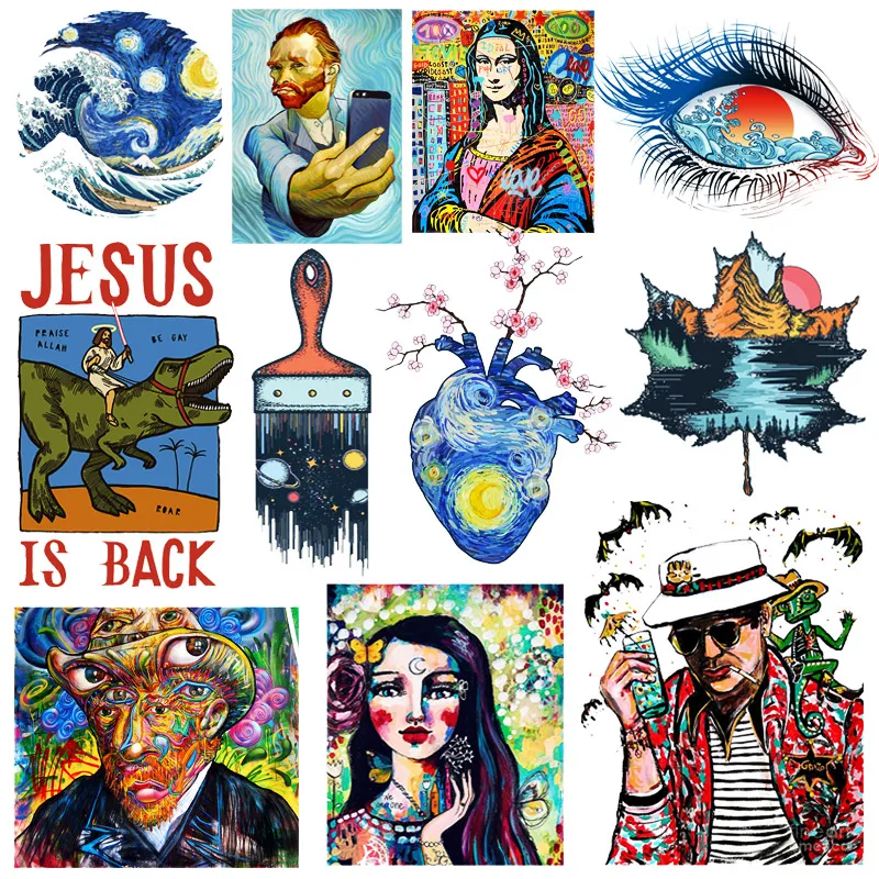 

Van Gogh Oil Painting Applique Iron On Transfer Patch T-shirt Heat Thermal Stickers On Clothes Cartoon Outdoor Heat Transfer DIY