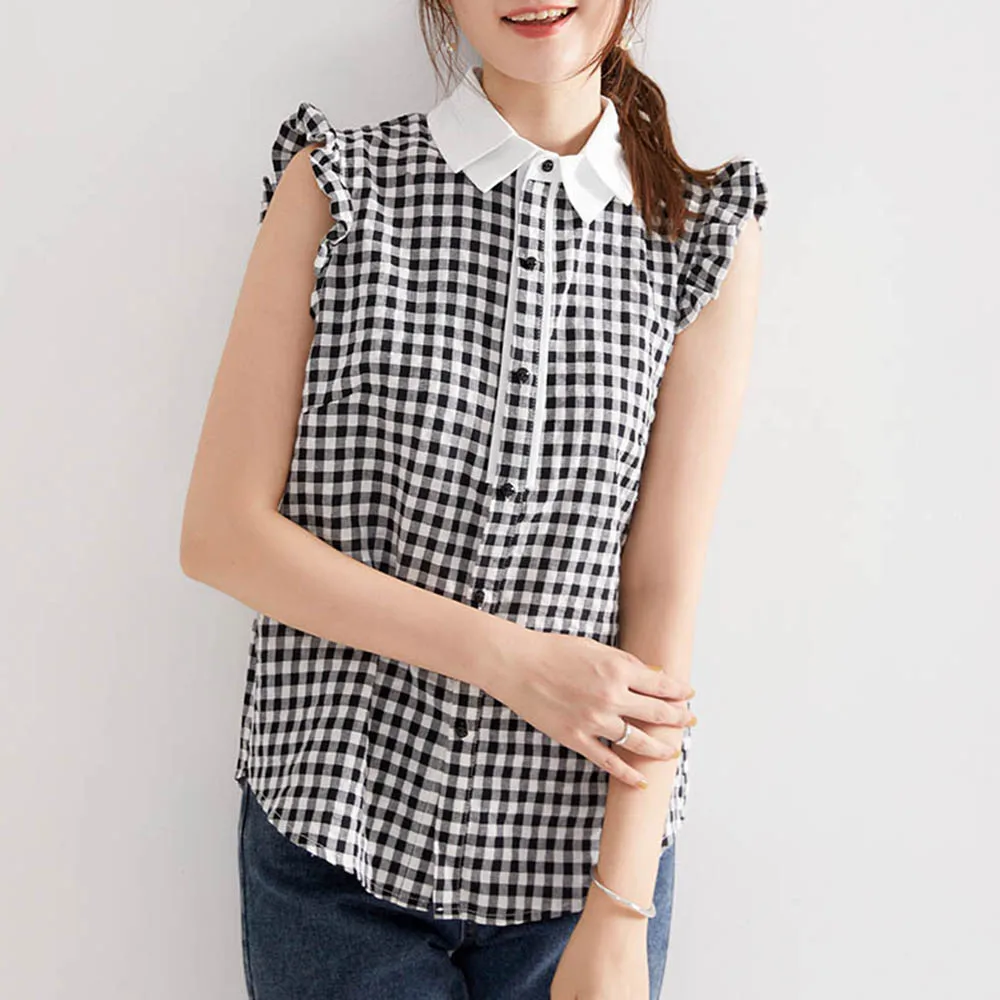 

2022 Summer Fashion New Arrive Japanese Style Cute Gril Short Sleeve Ruffles Plaid Button Cap Sleeve Women's Blouse