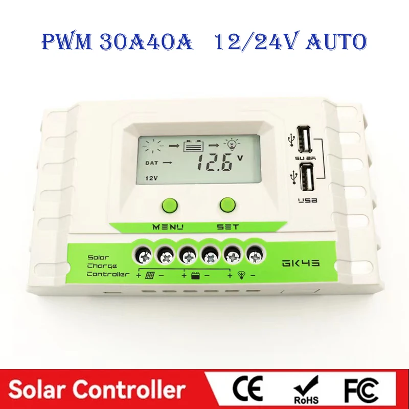 

12V24v 30a40a Pwm Solar Charge Controller Usb5v, Current Display Lcd With Backlight