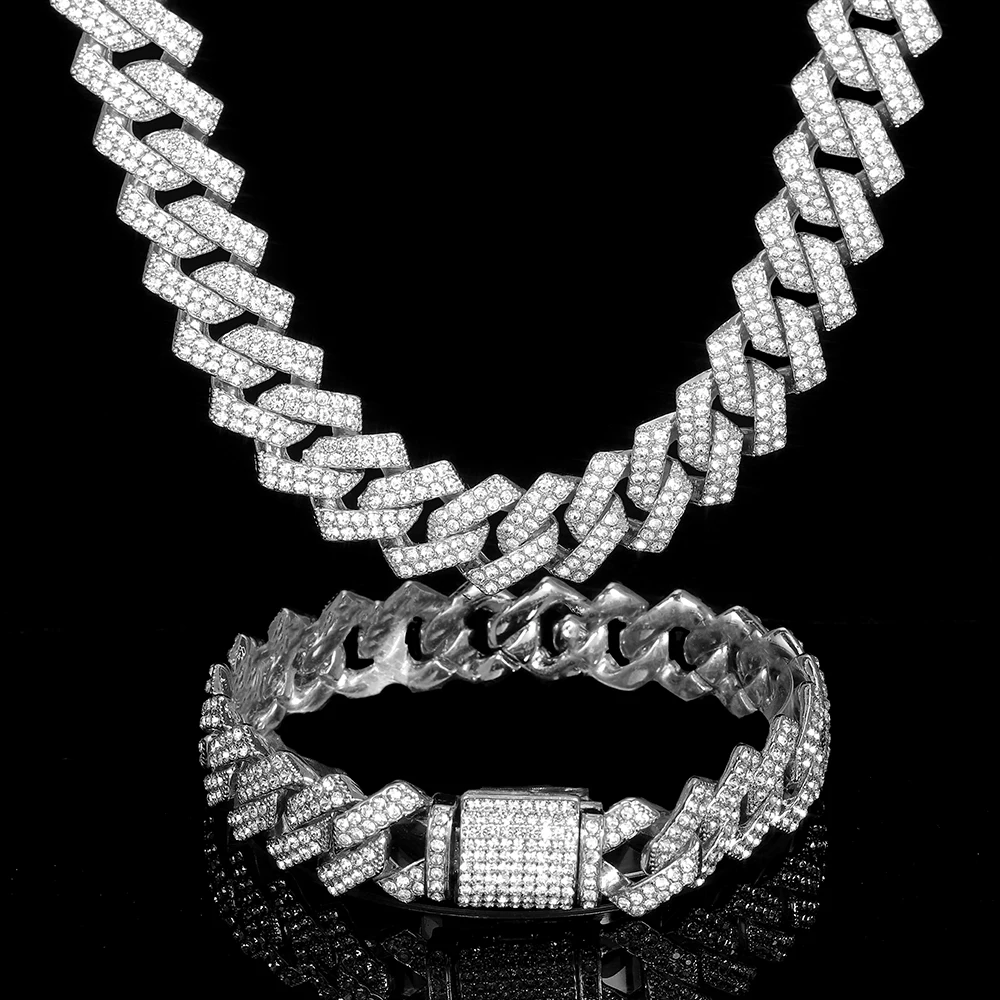

Hip Hop Iced Out Miami Zircon 15MM Bling Cuban Full Pave Rhinestone Men's Necklace Silver Color Necklaces For Men Jewelry