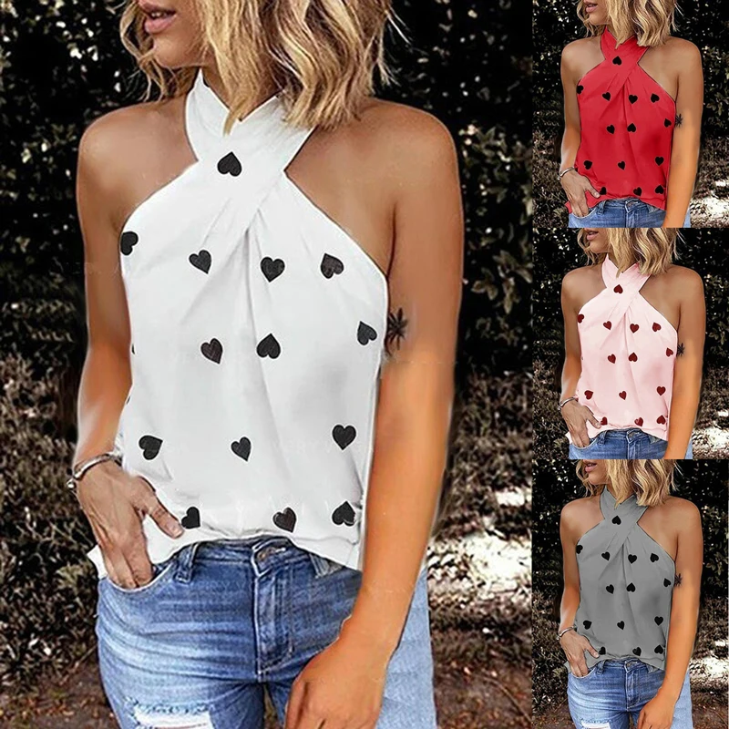 

Sexy Off Shoulder Love Heart Printing Blouse Chiffon Women Tops Summer Casual Backless Sleeveless Shirts Female Blusas Tops Tees