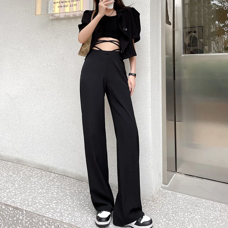 

Summer Black Suit Wide-Leg Pants for Women 2022 New High Waist Drooping Loose-Fitting Pants Lace-up Straight Casual Pants Femme