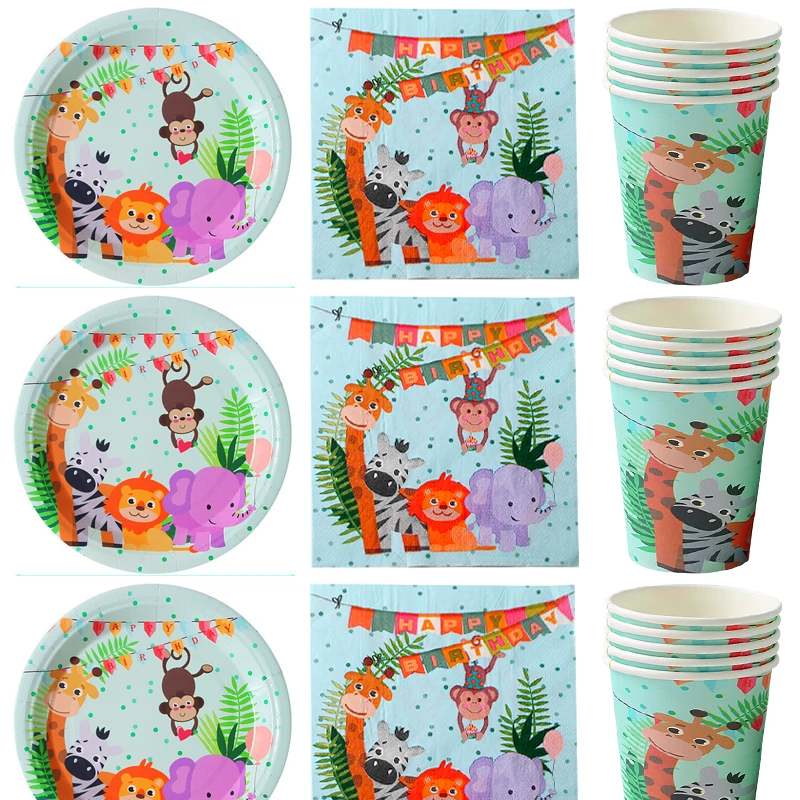 

60pcs/lot Jungle Animals Theme Tableware Set Happy Birthday Party Plates Cups Dishes Decoration Baby Shower Napkins Towels