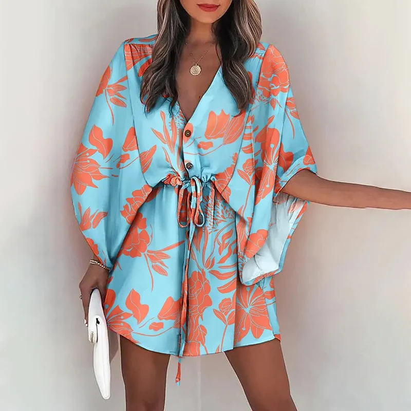 

Casual Loose Women Dress Fashion Batwing Sleeve Boho Print Deep V-neck Mini Party Dress 2022 Summer Draw String Slim Beach Dress