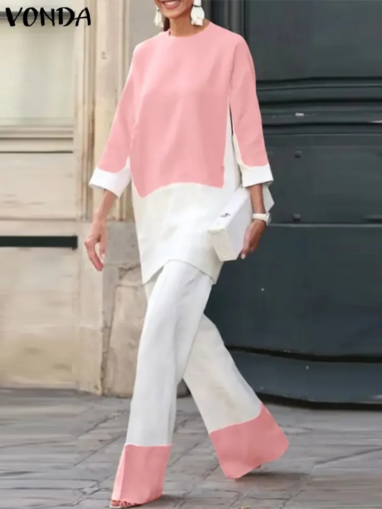 Женский брючный костюм размера плюс VONDA 2024 пикантный лоскутный Топ без рукавов +