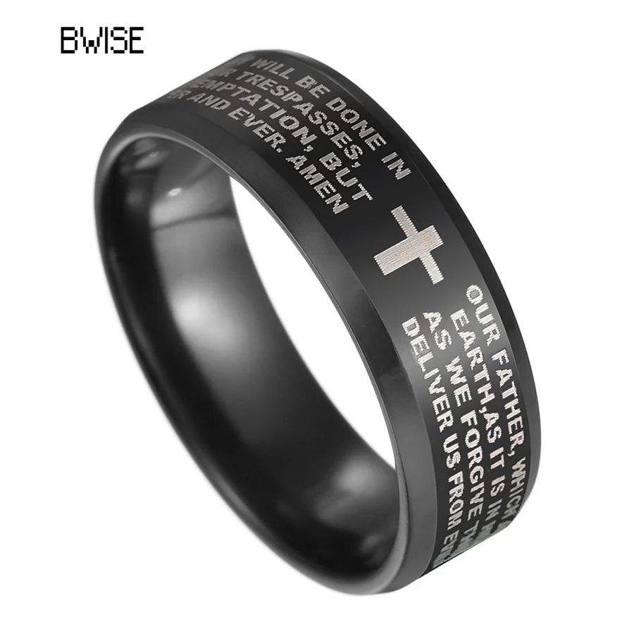 

Кольцо BWISE мужское из нержавеющей стали, кольцо черного цвета с надписью Библия молитва, ювелирное изделие с 8 мм амулетом