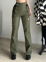 green streetwear buckle cargo pants women bandage high waist punk style grunge joggers vintage 90s straight trousers