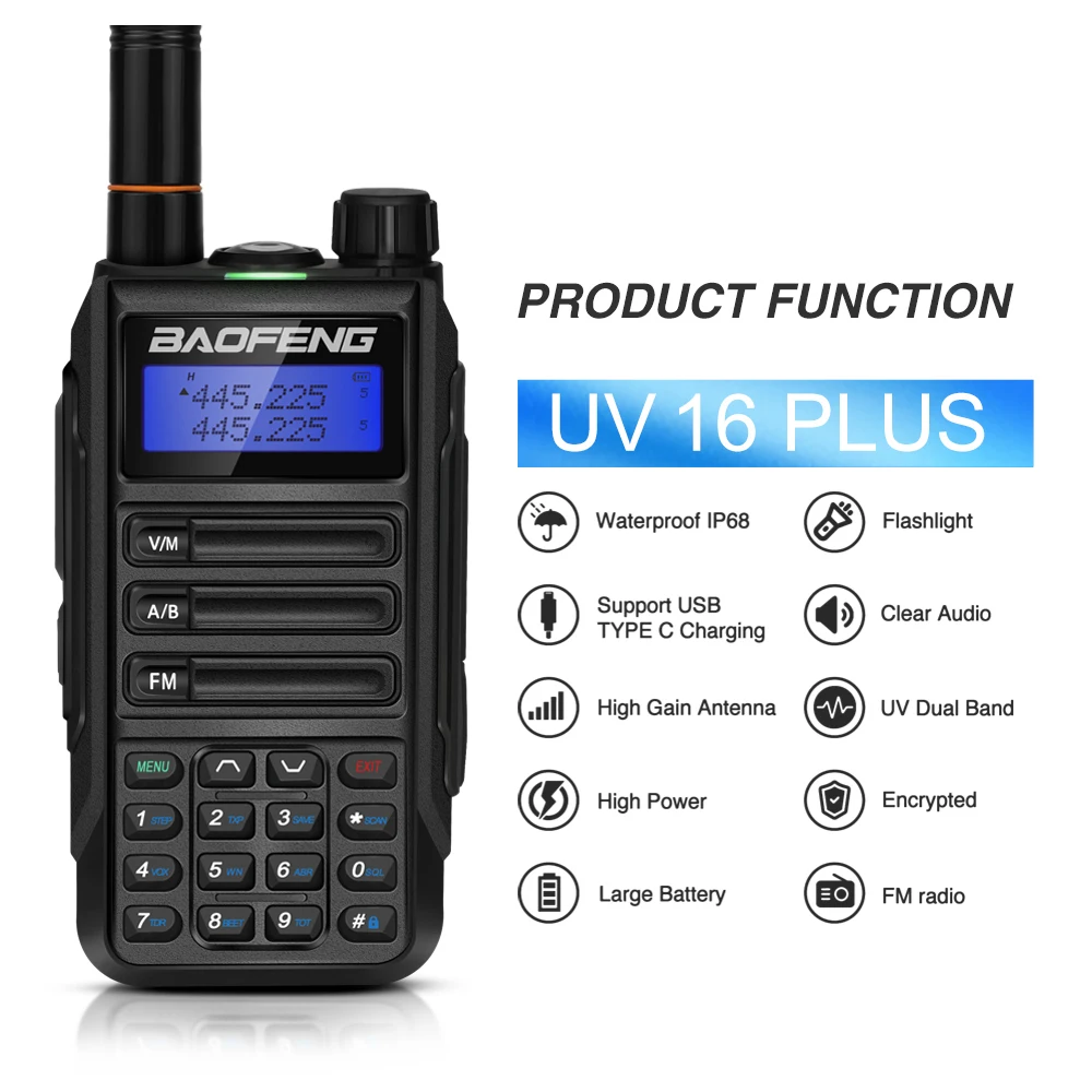 Original Baofeng UV 16 plus Walkie-talkie Mate 10w High Power USB Charger Long Range Waterproof Transceiver Ham Two Way Radio