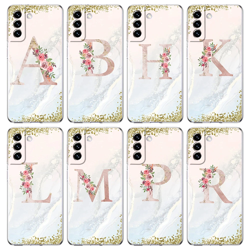 

Pink Flowers Letter Transparent TPU Case For Samsung Galaxy S22 S20 FE Note 20 10 S21 Ultra S10 S10E M21 M31 M32 Lite Plus Shell