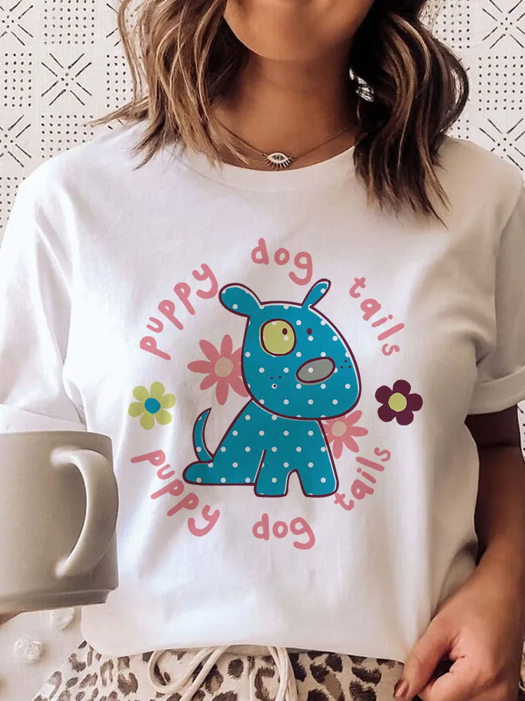 Купи Cartoon Blue Puppy Printed T-shirts Women T-shirt For Woman 2022 O-neck Short Sleeves Young Girls Tops Ladies Tshirt White Tees за 187 рублей в магазине AliExpress