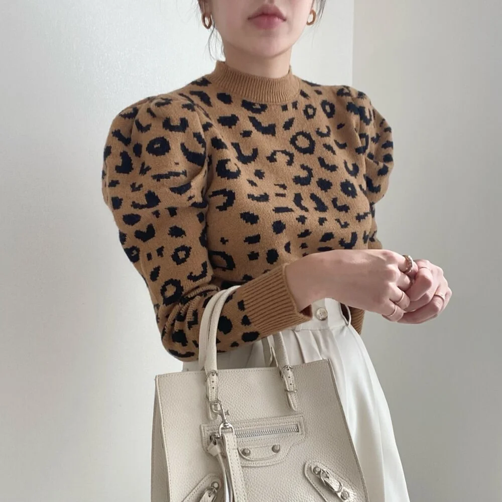 Женский свитер с леопардовым принтом шорты повседневный пузырьковый наплечный