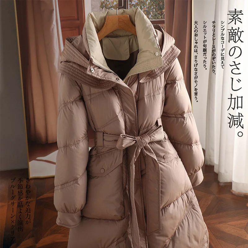 Long Duck Jacket Women 90%  White Duck Down Hooded High Street Fashion Adjustable Waist  Slim  Zipper  Casaco Feminino