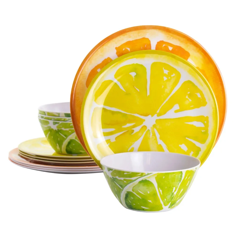 

Sunny Citrus 12 Piece Round Melamine Dinnerware Set in Assorted Designs Serving Ware Kitchen Dish Dinner Plates