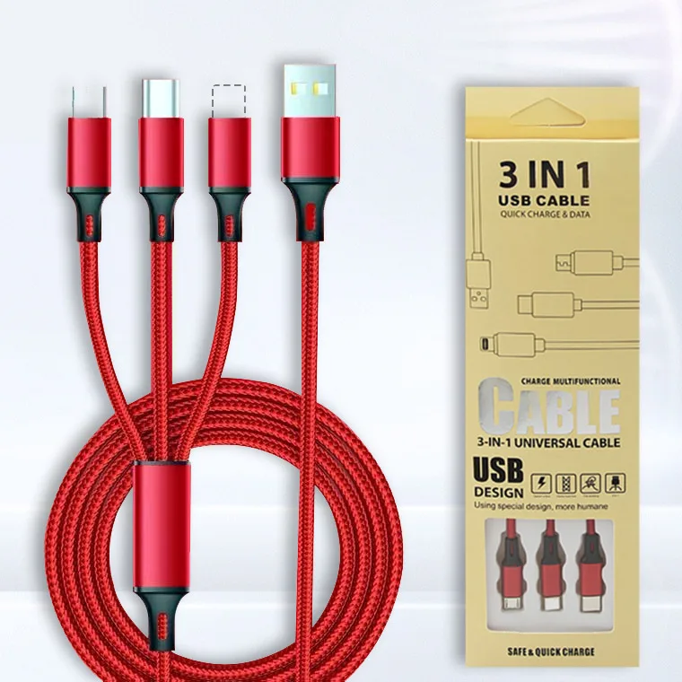 

3-IN-1 Fast Charging Data Line Cable for Iphone Android Type-c Mobile Phone Multi-function Usb One Dragging Three Charge Cable