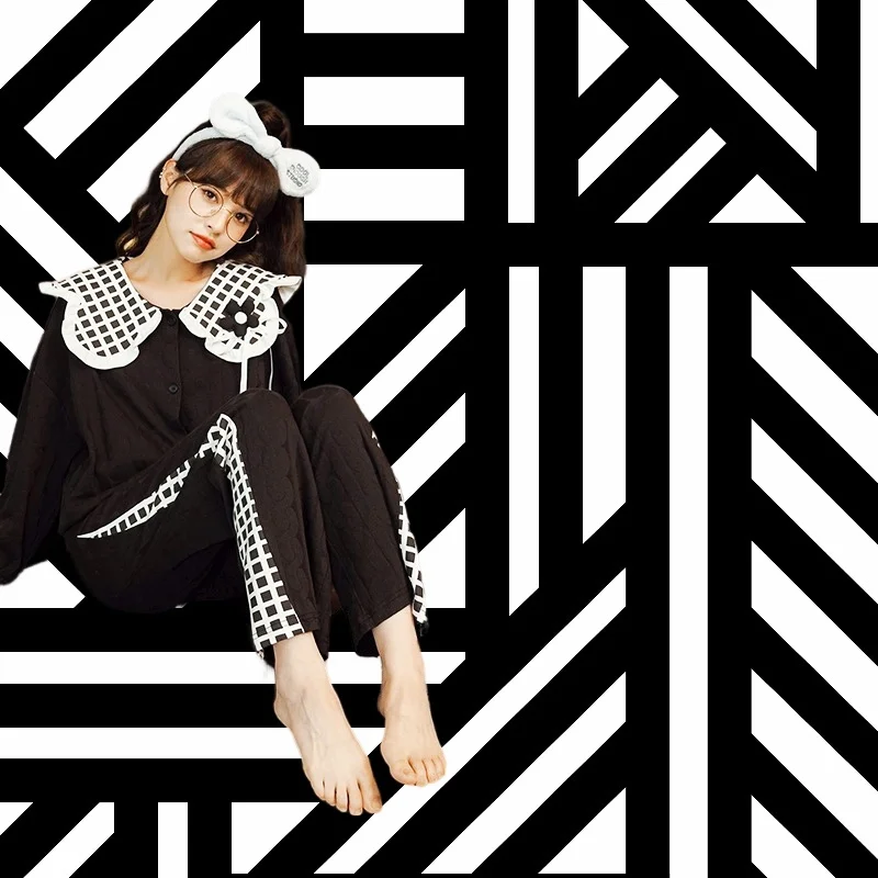 Cute Pajamas Set Full-Sleeve T-shirt Long Pants 2Piece/Set Sexy Pyjama Princess Sweet Homewear Cozy Sleepwear Big Size