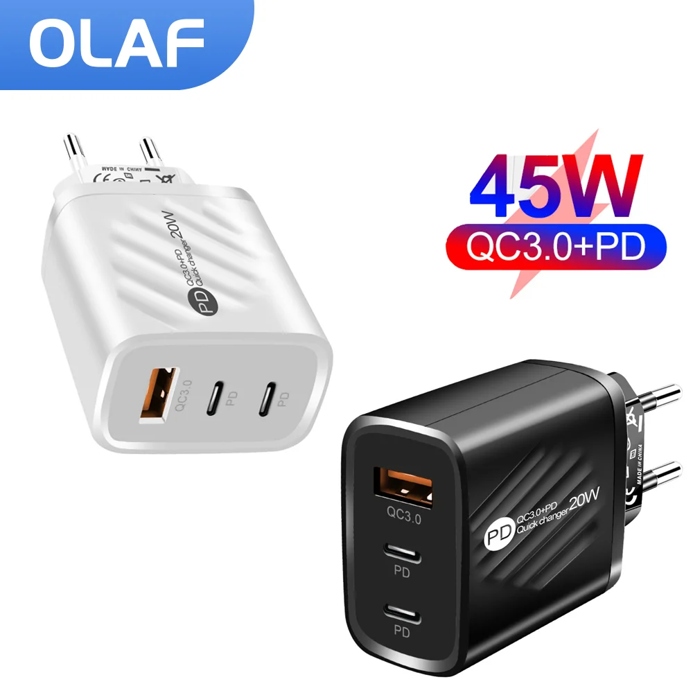 

Olaf USB C Charger QC 3.0 3 Ports Wall Charger Type C Phone Adapter For Iphone 12 13 Xiaomi Huawei PD 45W Fast Charging Charger
