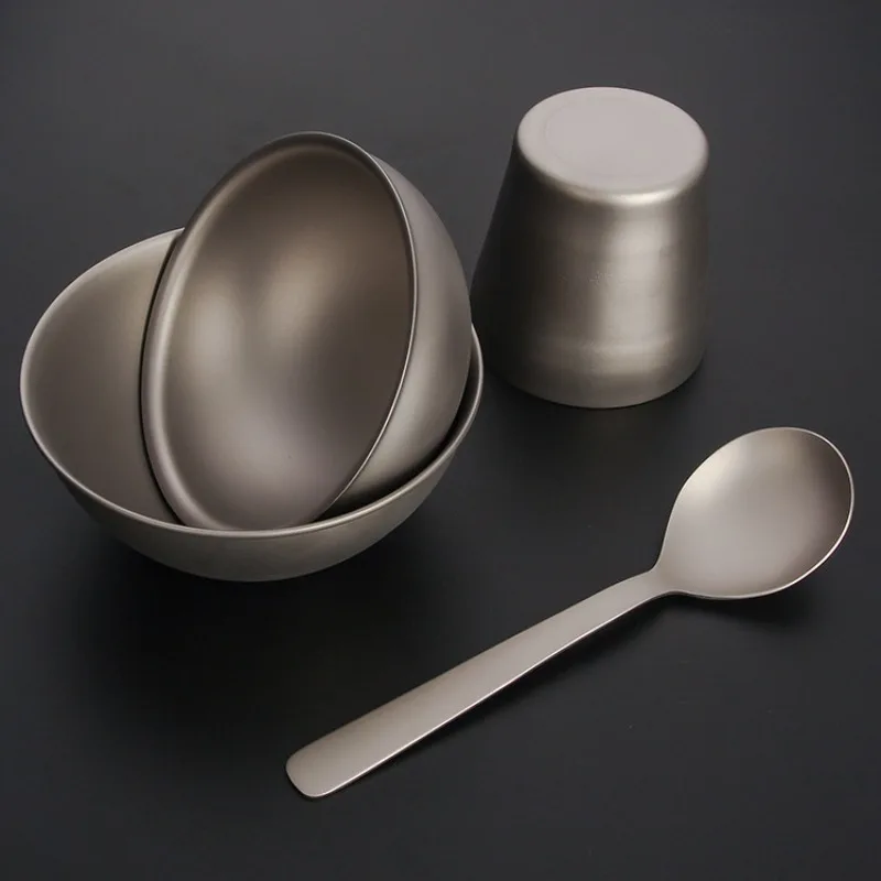 

Pure Titanium Bowl Set Titanium Bowl Round Spoon Tea Cup Outdoor Camping Portable Tableware Picnic Titanium Alloy Bowl