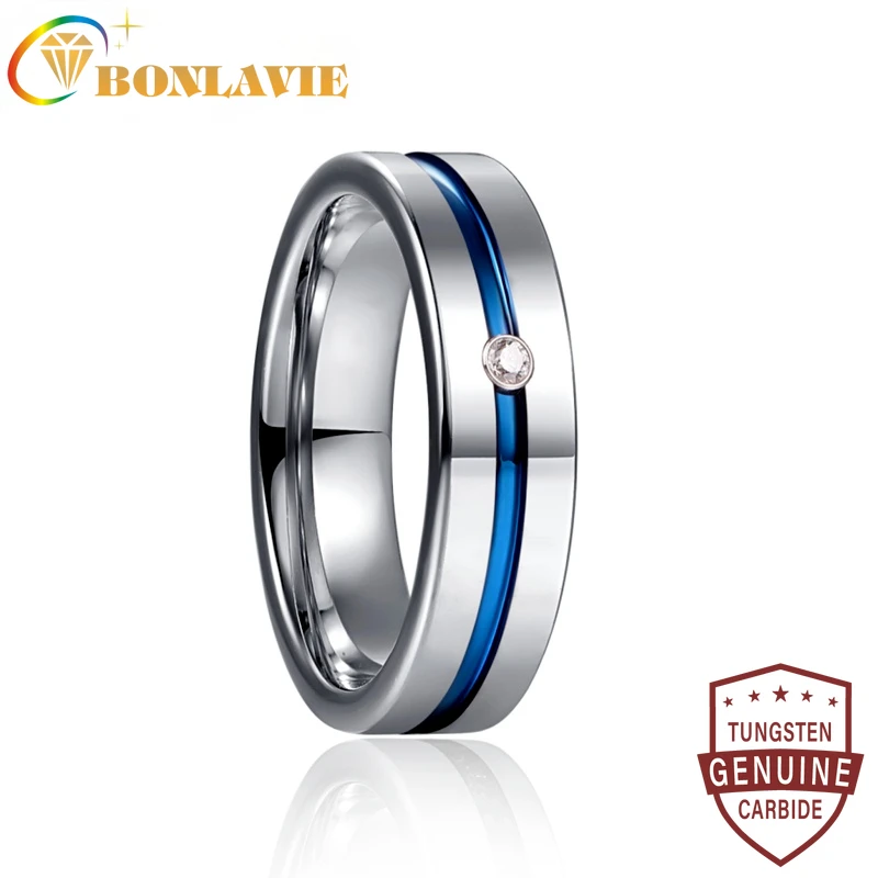 

BONLAVIE 6mm Steel Color Flat Polished Blue Groove Inlaid Zircon Tungsten Carbide Ring Men's Fashion Wedding Jewelry Best Gift