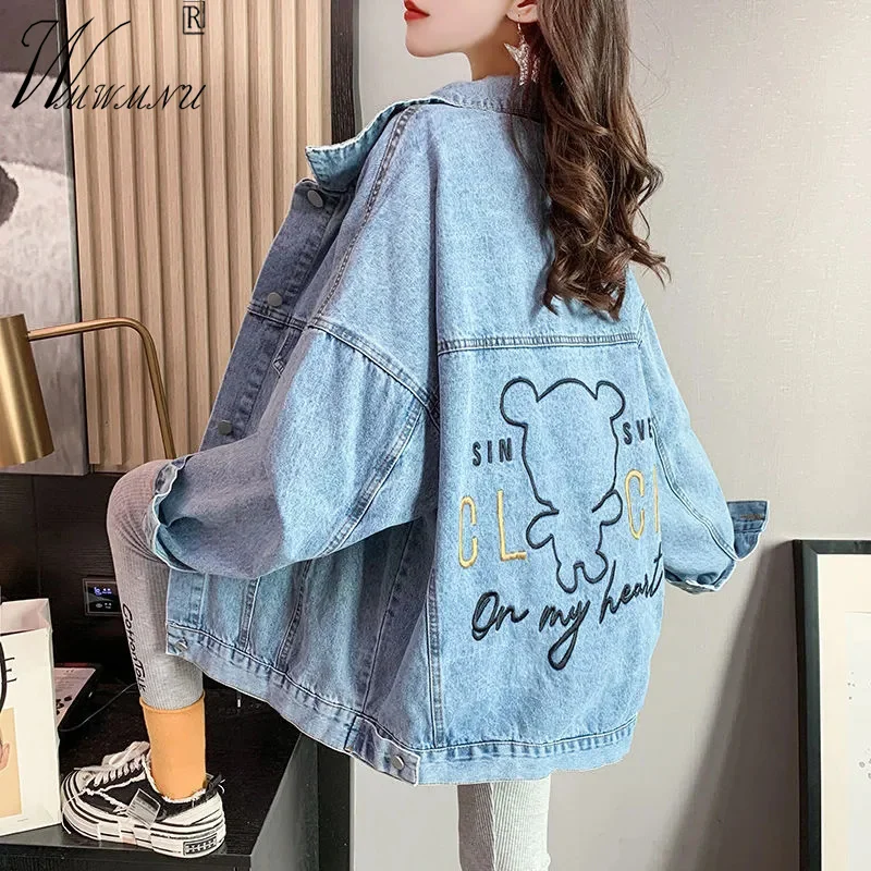 

Oversize 3Xl Cartoon Embroidery Denim Jacket Women Lapel Loose Casual Veste En Jean 2023 Korean Fashion Long Sleeve Cowboy Coats