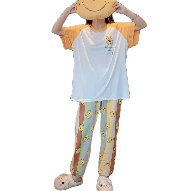 Women's Pajamas Set Summer Thin Short Sleeve Pants Two Piece Set Sleepwear Soft Loungewear Ladies Casual Winnie the Pooh Pajamas