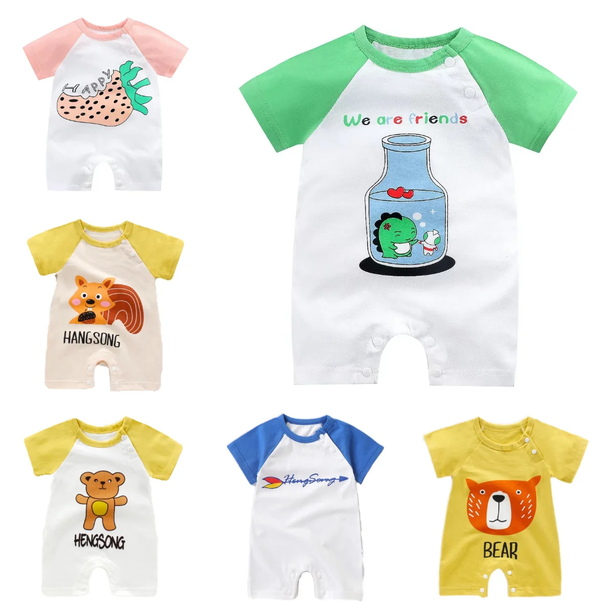 

Newborn Baby Girl Cotton Cartoon Bear Print Romper Baby Boy Short Sleeve Clothes 0-24M