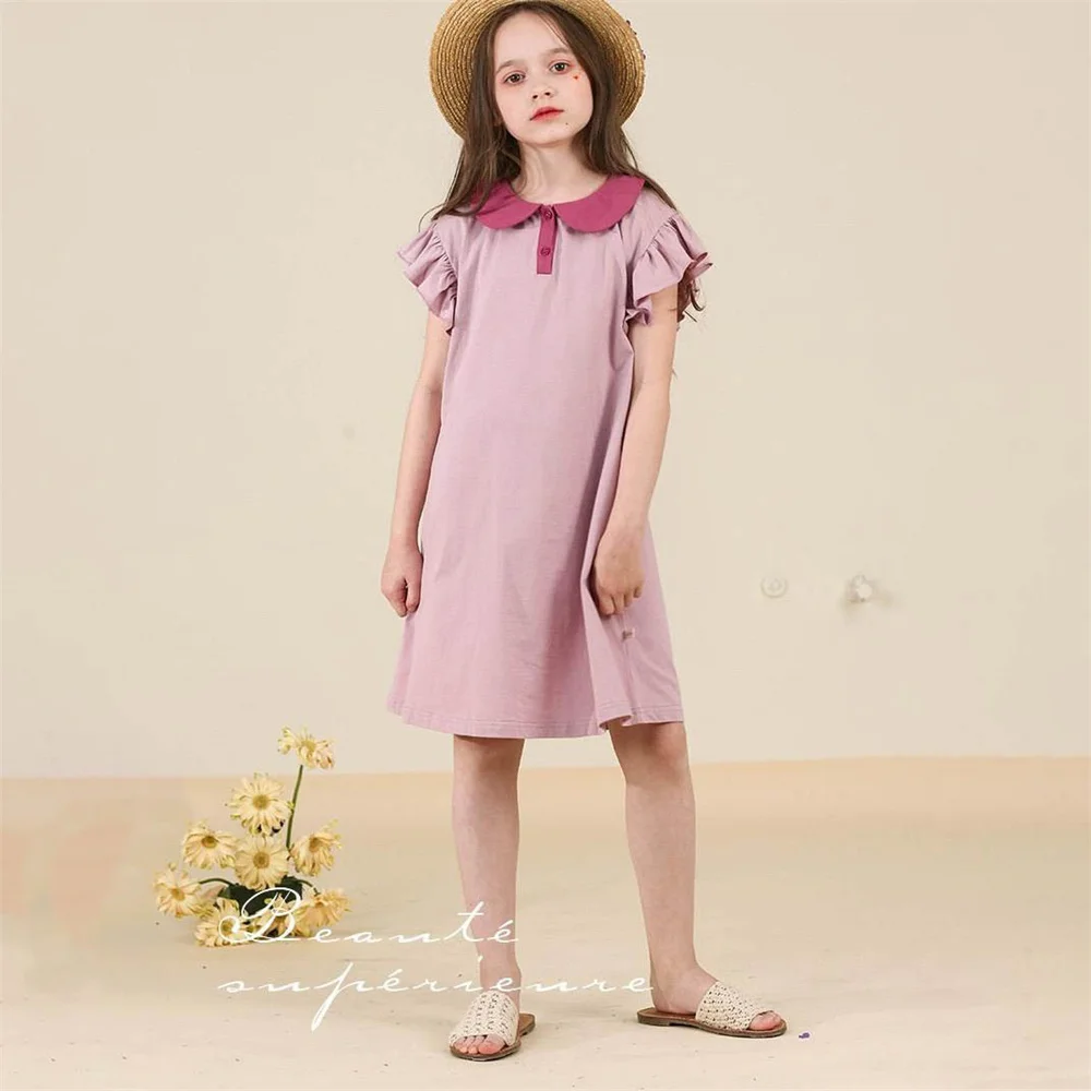 

Children Clothing Summer Girls Dress Doll Collar Flying Sleeves Cotton Patchwork Color Kids Party Knee-Length Dresses for Girls