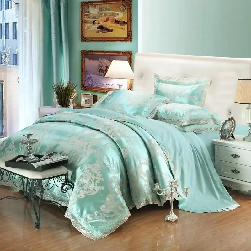 

Luxury Green Jacquard Bedding Set Queen King Size Bed Set 4pcs Silk Cotton Lace Duvet Cover Bed Sheet Pillowcasess Home Textile