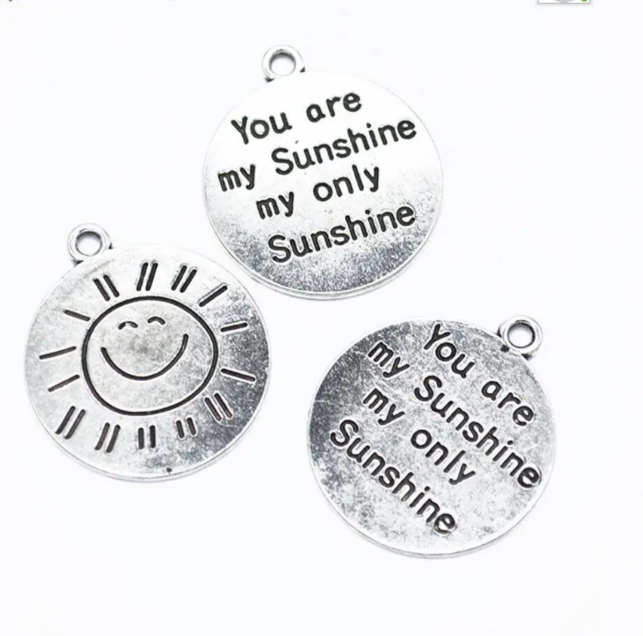 

6pcs Silver Color Round Message "You Are My Sunshine My Only Sunshine"Carved Charm Pendant 24x28mm F0884