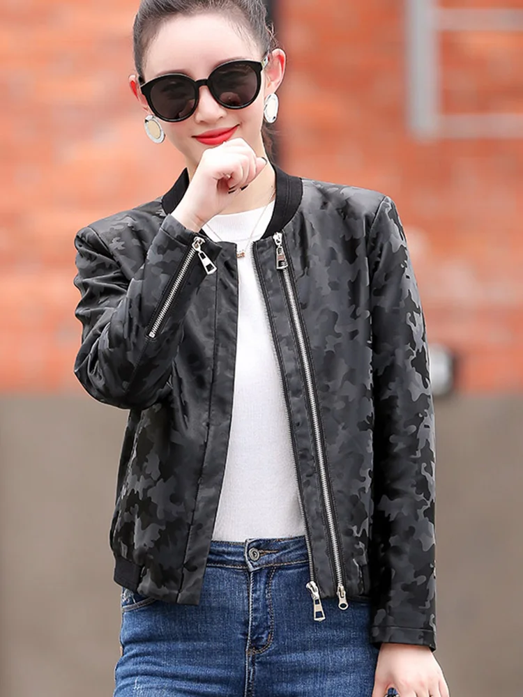 New Women Camouflage Leather Jacket Spring Autumn Casual Baseball Uniform Style Sheepskin Short Coat Loose Jacket Split Leather