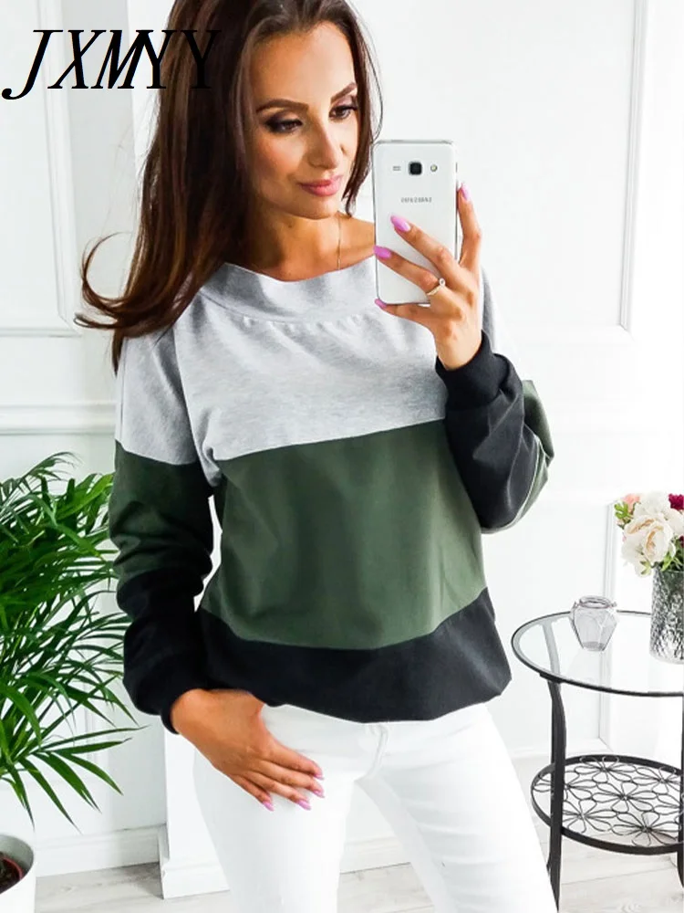 

2022 European And American Spring New Casual Simple Contrast Color Stitching Sweater Round Neck Long Sleeve Loose Top Women