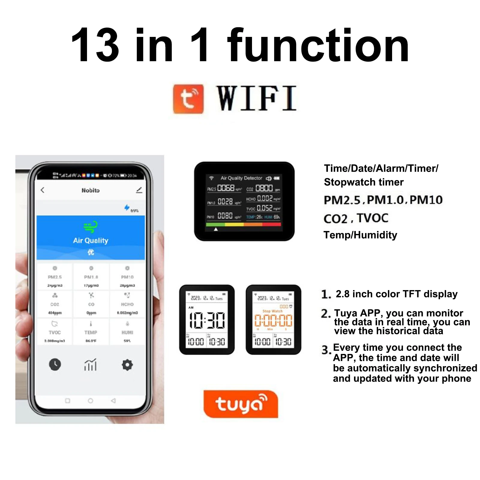 

13 In 1 Co2 Air Quality Tester Wifi Pm2.5 Tvoc Hcho Temperature and Humidity Tester Three Interface Display Air Quality Sensor
