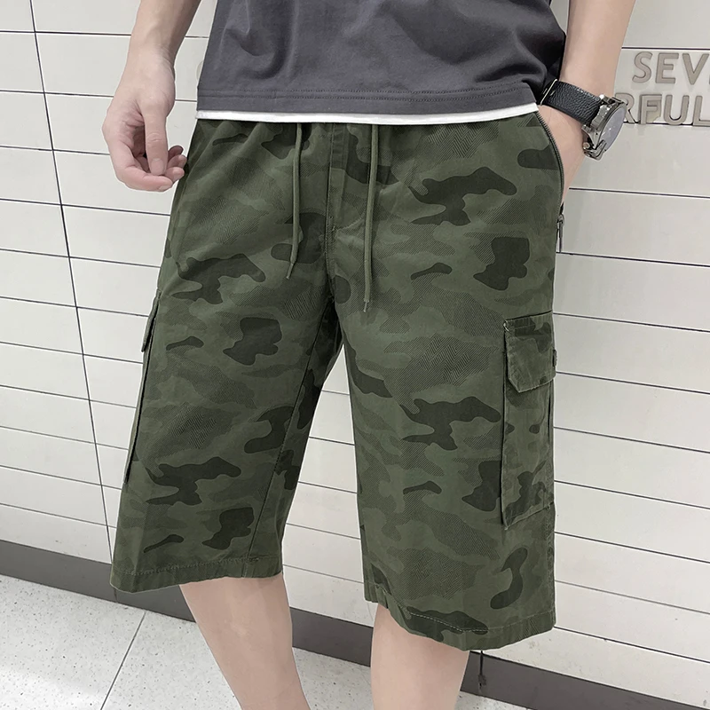 Summer Cotton Loose Cropped Pants Men's Overalls Shorts Camouflage Multi-Pocket Large Size Fat Man Middle-Aged Men's Pants